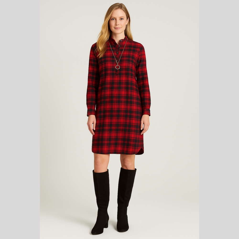 J. Jill Plaid Shirt Dress Scarlet Multi Red Black Collared Long Sleeve L Petite‎